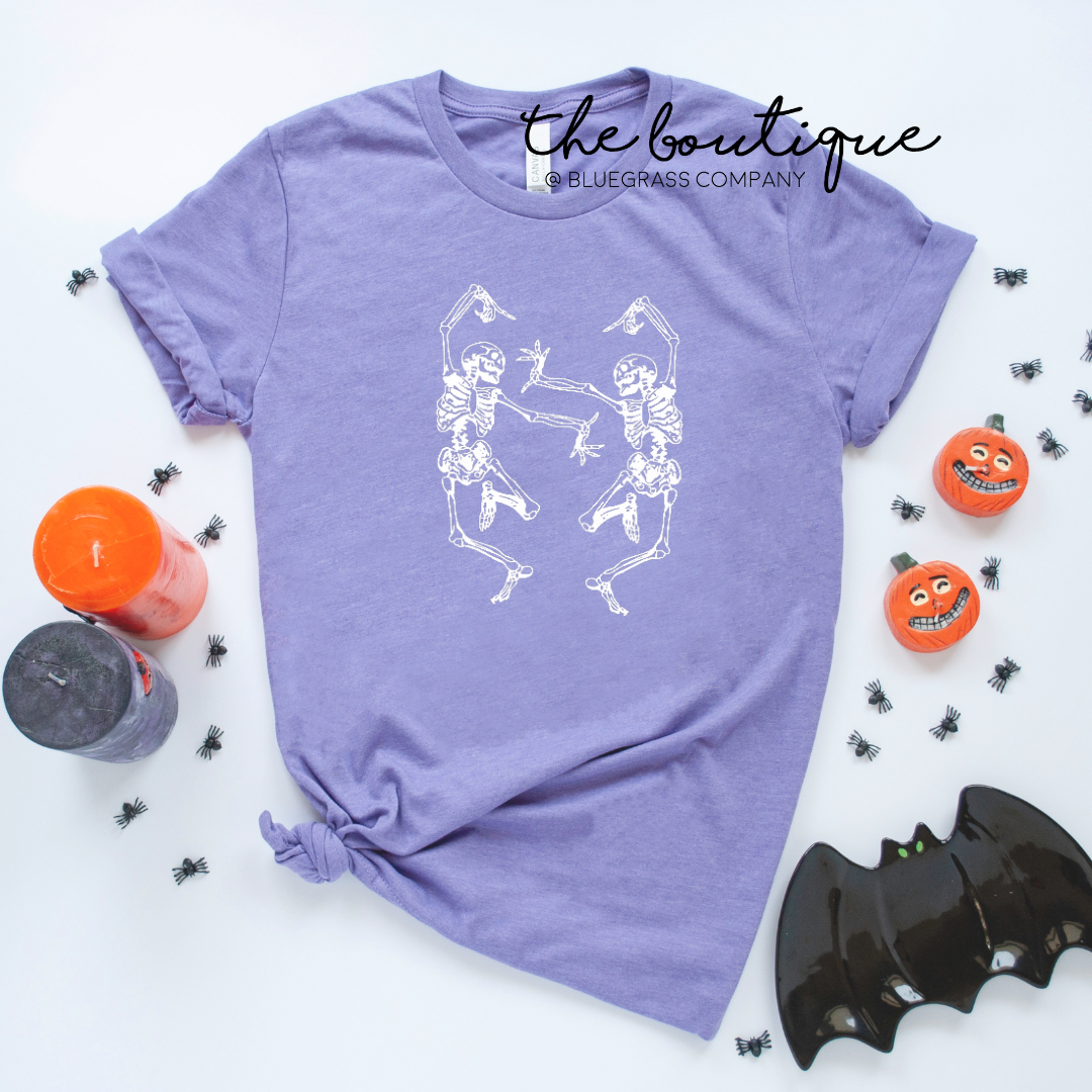 Dancing Skeletons in White Tee - Heather Purple