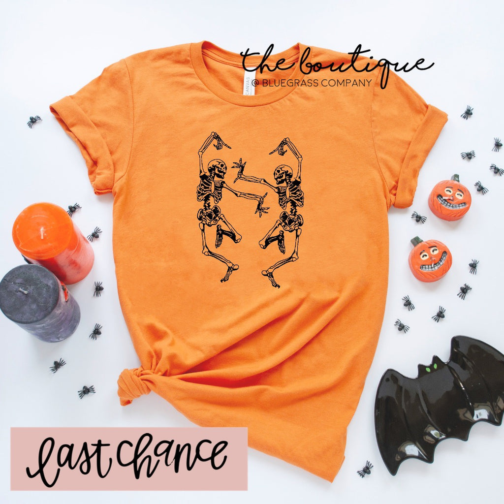 Dancing Skeletons in Black Tee - Orange