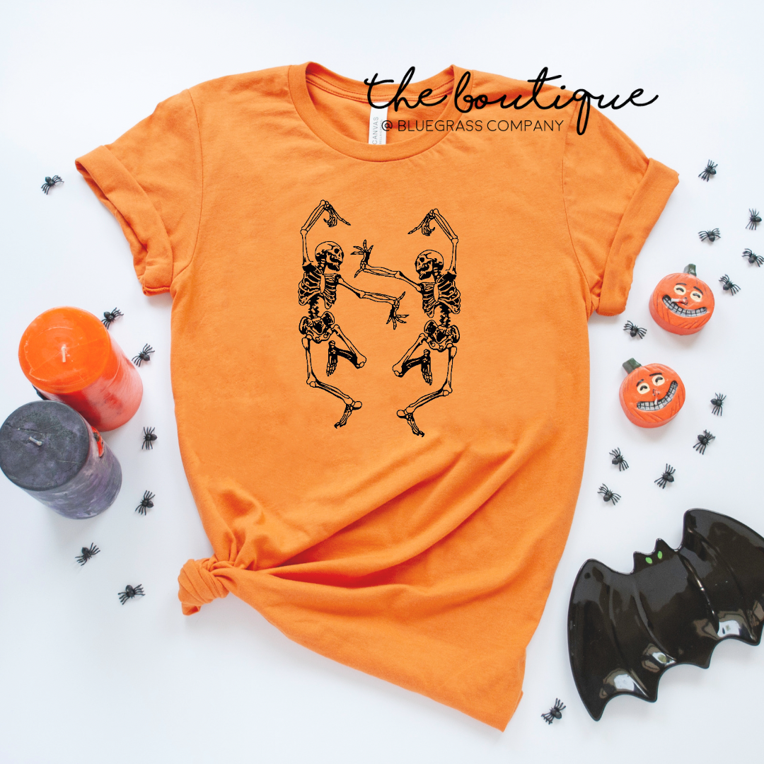 Dancing Skeletons in Black Tee - Orange