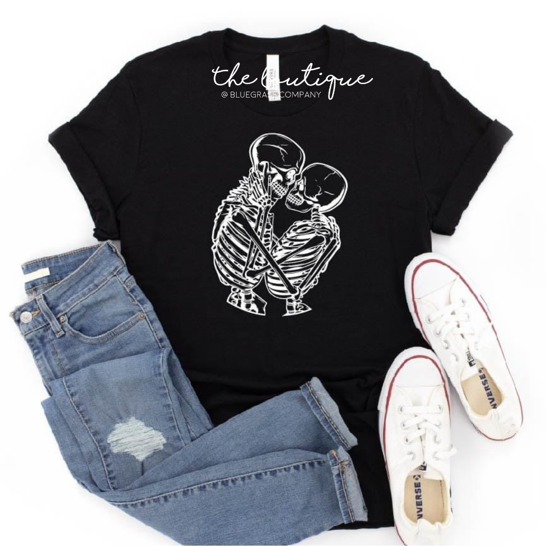 Embracing Skeletons in White Tee - Black