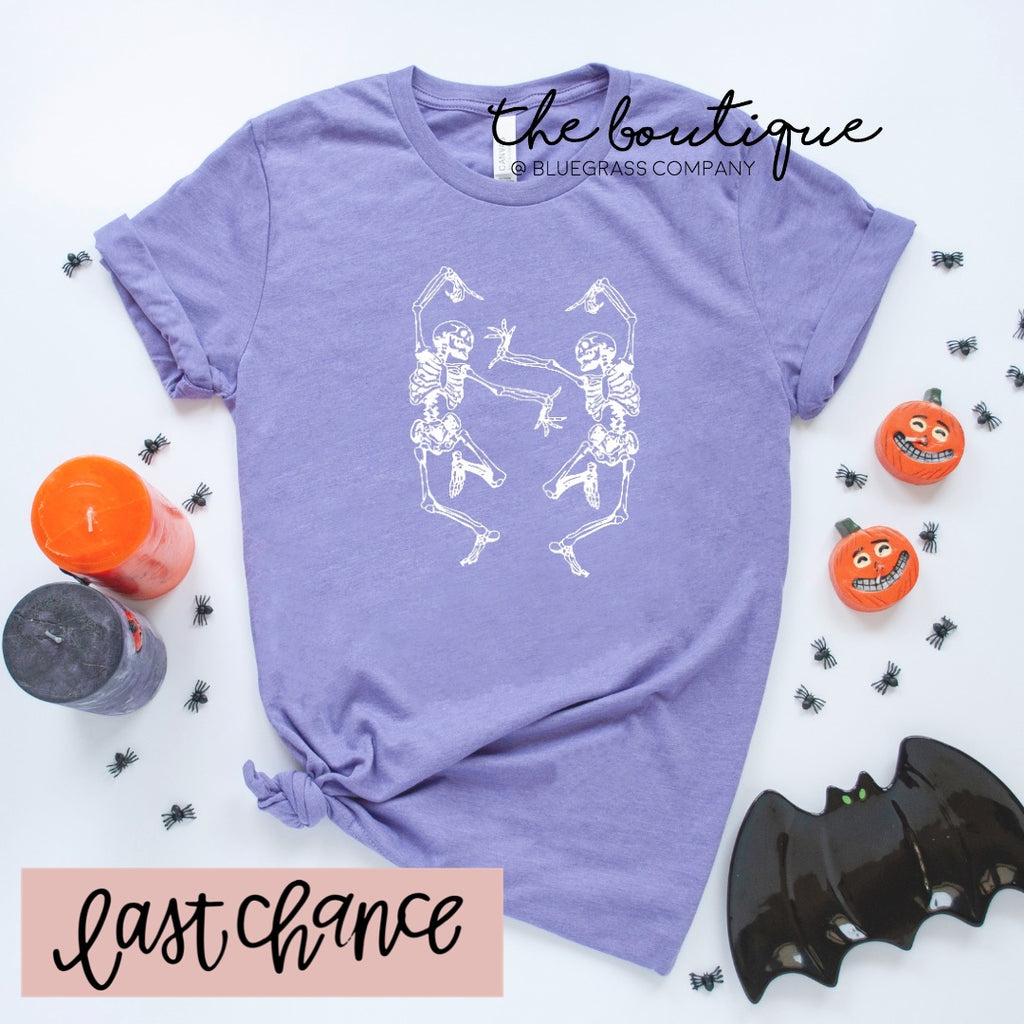 Dancing Skeletons in White Tee - Heather Purple