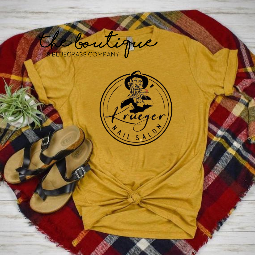 Krueger Nail Salon Halloween Tee - Vintage Mustard