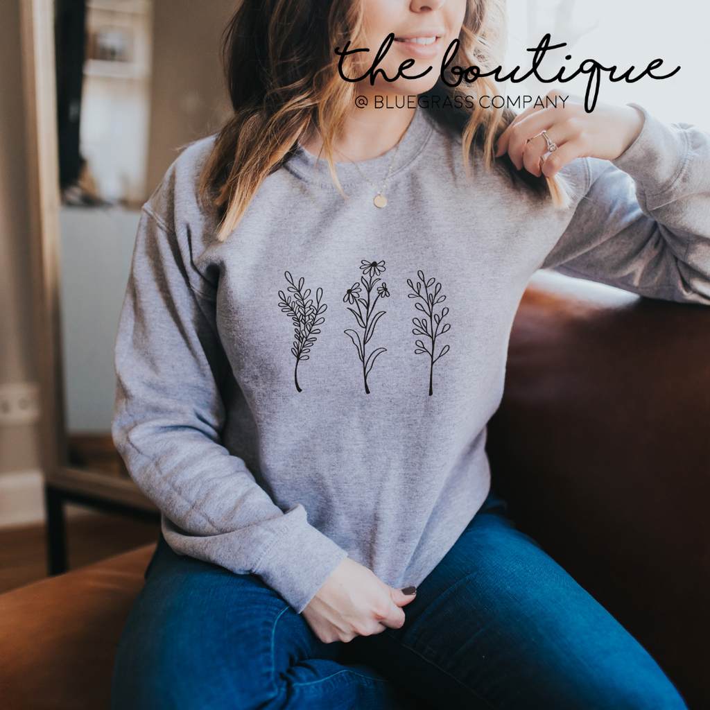 Wildflower Hand Drawn Print Sweatshirt - Heather Gray