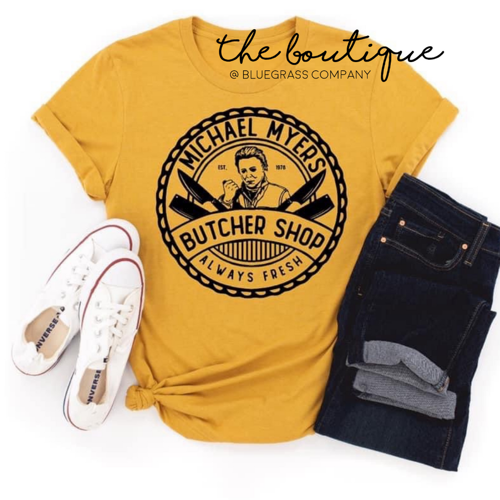 Michael Meyers Butcher Shop Halloween Tee - Vintage Mustard